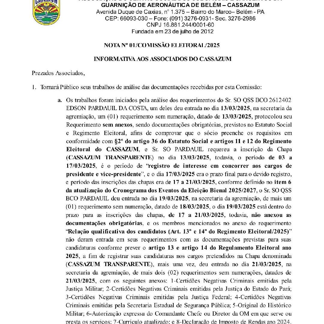 Ato oficial da Comissão Eleitoral - Nota Iformativa…