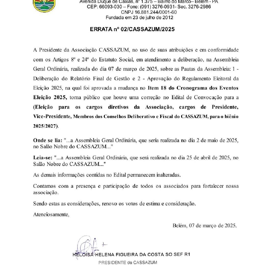 ERRATA nº 02/CASSAZUM/2025 - ELEIÇÃO 2025